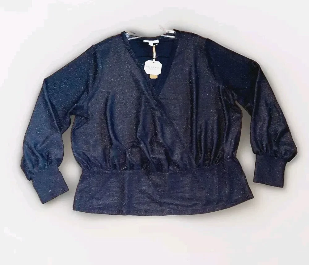 Ryegrass Plus Size 2X Shimmery Long Sleeve Faux Wrap Blouse Top Black NWT